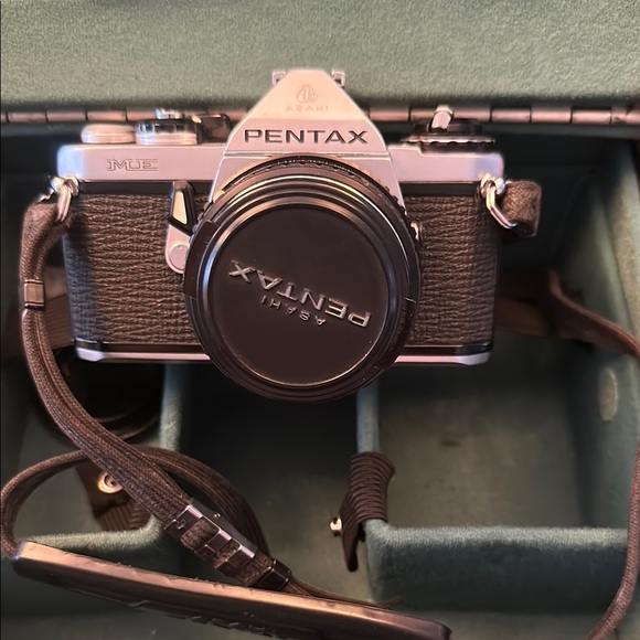 Pentax Black and Silver Film camera with two lenses flash made in the USA